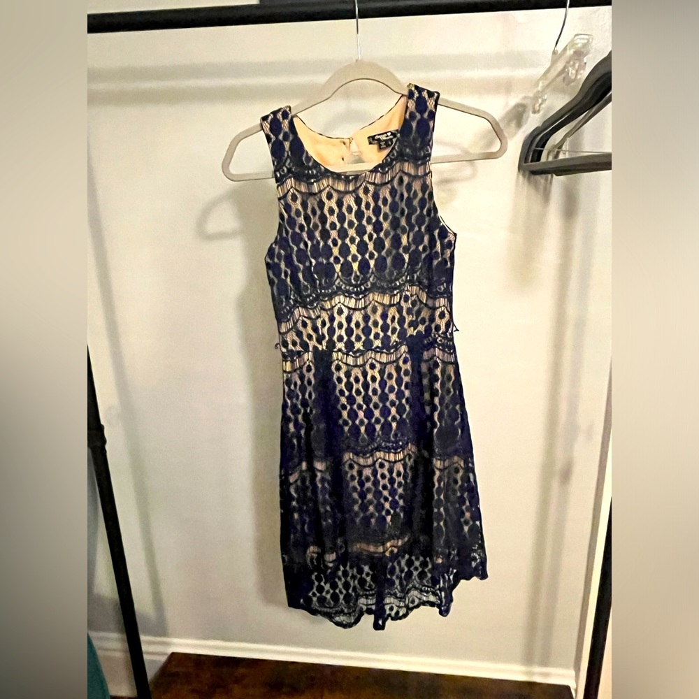 Sequin Hearts Dress Size 5. Blue lace with tan slip underneath.